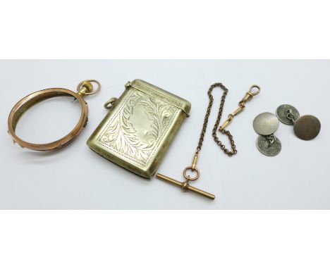 A plated Albert chain with 9ct gold clip, a 9ct gold pocket watch frame, a/f, 7.4g, a pair of silver cufflinks and a vesta ca