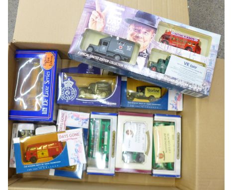 A collection of boxed model vehicles including a limited edition VE Day commemorative, three Nottingham buses, Corgi Royal Wo