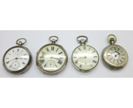 Four silver cased pocket watches, including one fusee lacking outer case, a/f, (half-hunter 800 silver) 