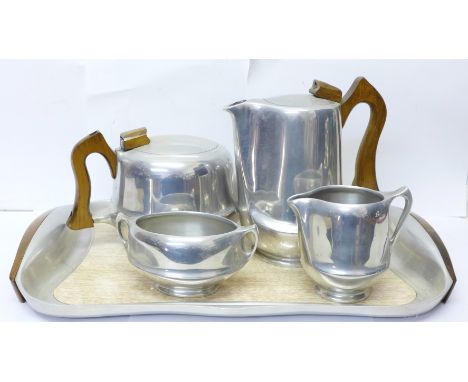 A Picquot ware four piece tea service and tray 