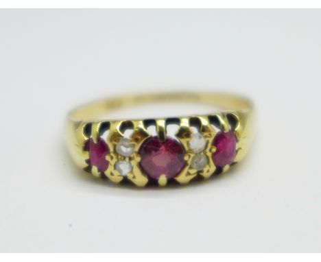 An 18ct gold, ruby and diamond ring, 2.6g, N, Chester hallmark 