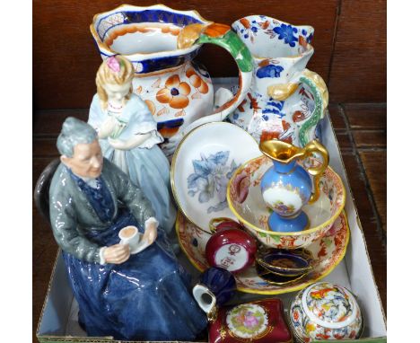 A Royal Doulton figure, The Cup of Tea, a Royal Worcester figure, Sweet Anne, Ironstone and other china and trinket pots 