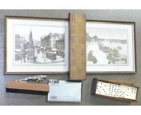 Two framed prints of Nottingham, a domino set, a cigarette case, a Jaguar car mascot and a cribbage board 