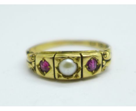 A Victorian, 18ct gold, ruby and pearl ring, Chester 1883, 2.2g, L 