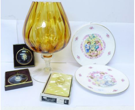 A large amber brandy glass shaped vase, two Peter Bates miniature cameos, boxed, a Holy Bible with simulated mother of pearl 