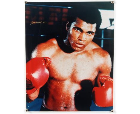 Boxing - Muhammad Ali - large colour photographic poster / print, signed in gold, flat, 16 x 20 inches.