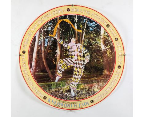 Rolling Stones Knebworth poster 1976, this unusual round poster featuring a dancing harlequin, the Stones supported by Lynyrd