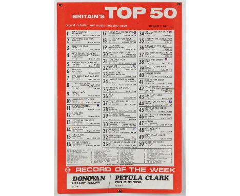 Four Top 50 record shop posters 1967-68, No. 1s being The Monkees, Frank & Nancy Sinatra, The Love Affair & Beach Boys, also 