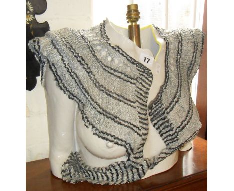 Contemporary ceramic lamp base in the form of a female torso wearing a knitted waistcoat by Ian & Lyn Wright of Cors Its Cera
