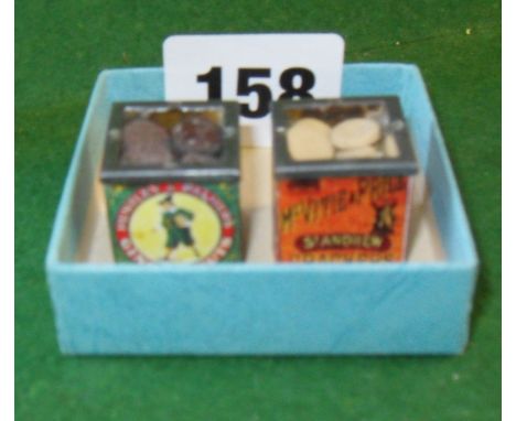 Two rare miniature promotional Huntley & Palmers and McVitie & Price biscuit tins containing miniature biscuits - ginger nuts