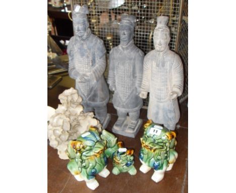 Pair of modern Chinese foo dogs &, three reproduction 'terracotta army' figures