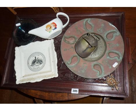 Carved hardwood tray, "Bisto Kids" gravy boat by Carltonware, Islamic copper alms dish etc