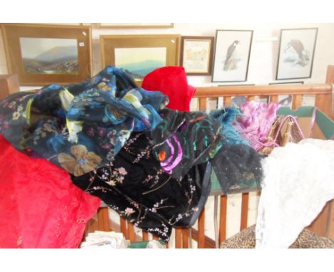Vintage clothing - collection of assorted 1970s designer scarves, fabrics, and a pair of Fernando Lomi 'crocodile' skin ankle