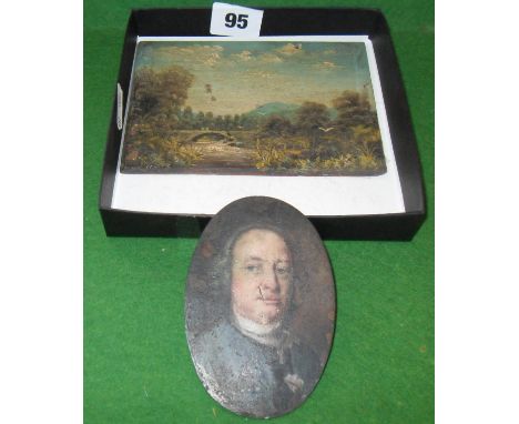 18th c. portrait miniature on copper of a Cleric, and a 19th c. small oil painting on board of a landscape & bridge with figu