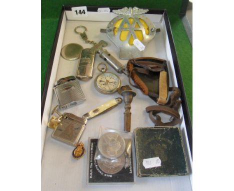 Tray of assorted items including compass, whistle, WW1 aviator's/ski goggles, old AA badge etc