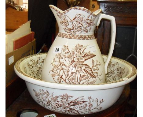 Victorian brown transfer-printed jug & wash basin (chip to rim)