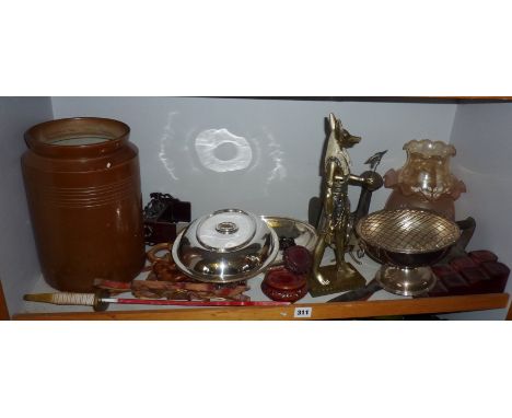 Large shelf of assorted silver plate, an iron last, a flat iron, and wooden items etc