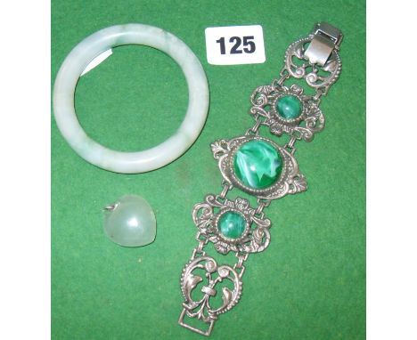 Jade bangle, a jade heart-shaped pendant, and a Continental white metal bracelet set with three malachite stones