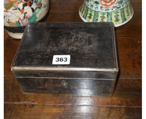 Chinese lacquer tea caddy with pewter inlay figures and having two incised pewter compartments (with key)