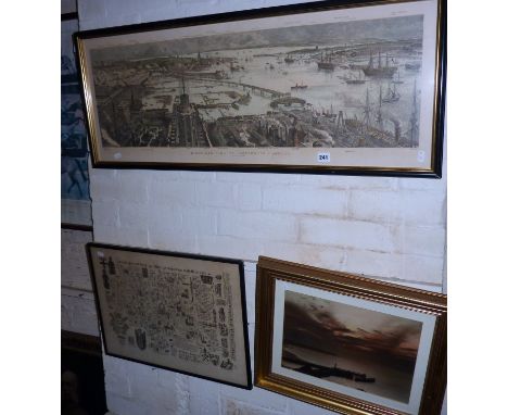 A print of "Birds-Eye View of Portsmouth Harbour" after the drawing By H.W. BREWER (1800-), a colour photograph of dusk at Wh