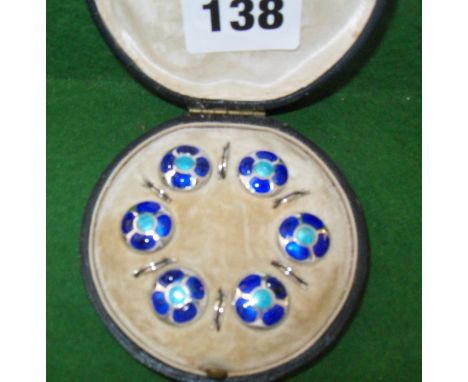 Cased set of six silver (sterling) & enamel buttons