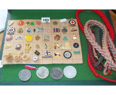 Collection of assorted enamel badges and lanyards etc