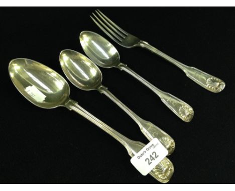 An early Victorian ‘shell and fiddle’ pattern tablespoon and fork by George Adams and two other silver dessert spoons (4)