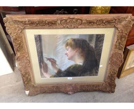 Attributed to M Girardet: A head and shoulders study of a woman painting at an easel, coloured chalk on brown paper