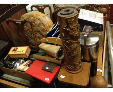 A pine double bedstead, a quantity of small items of furniture, a scroll picture and assorted items to include a rose touch-l