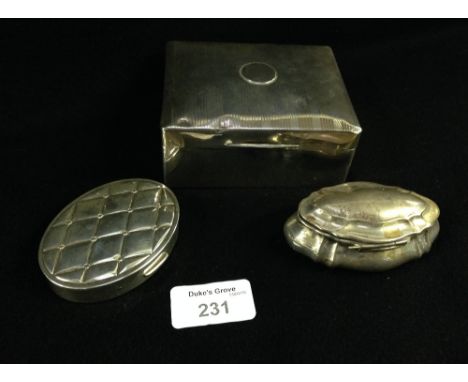 An engine-turned London silver cedar-lined cigarette box, a cartouche shaped silver snuff box and a Sterling silver mirrored 
