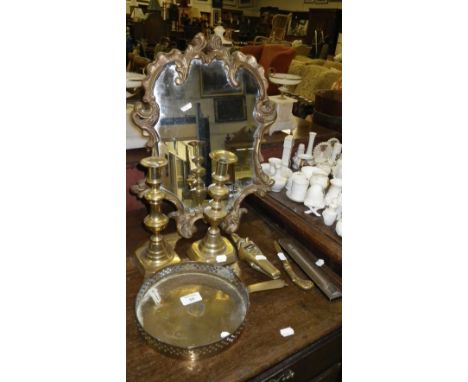 A gilt framed easel mirror, two 19th century candlesticks and similar items