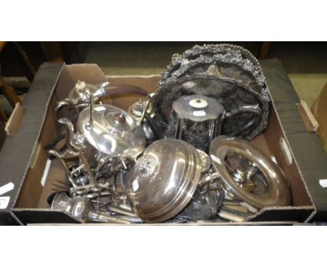 A collection of assorted plated ware to include a kettle on stand, salvers and other similar items