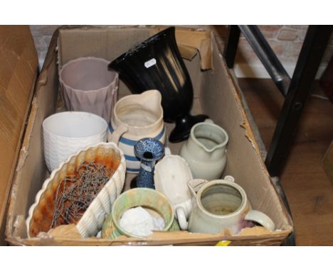 A box of miscellaneous vases to include Sylvac, Shell vase, a Cornish Ware jug etc  