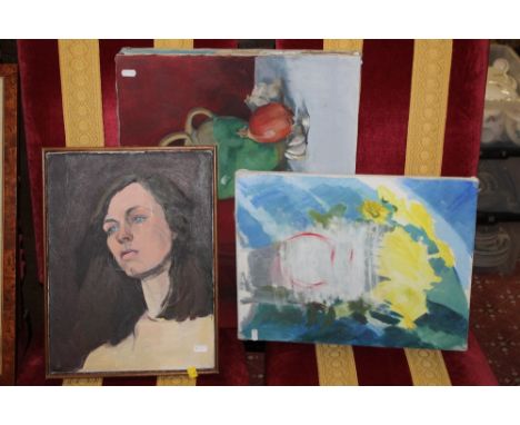 A modern oil painting - portrait of a young woman, canvas 41 x 31 cm in wood slip frame and three paintings of flowers