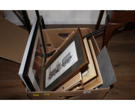 A box of decorative prints and pictures, to include a signed Edwin Blackburn train print, entitled Lion