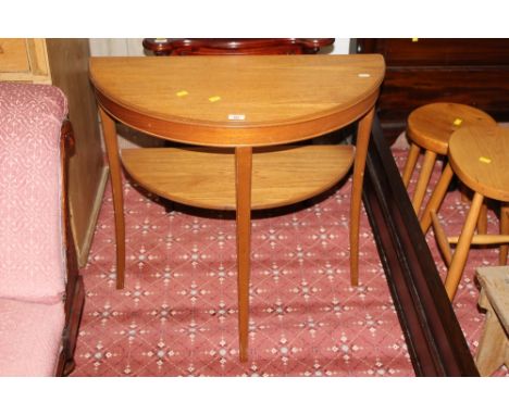 A modern light oak two tier semi circular side table by Lagate furniture, 72 cm high 76 cm high 38 cm deep