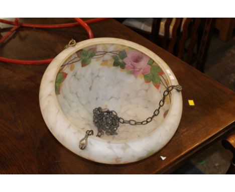 A large mottled and painted glass hanging lamp shade or plafonnier,  40 cm, diameter 