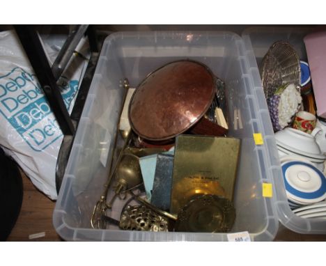 Box of miscellaneous metal wares, to include military brass button polishers, large brass key, ashtrays, cutlery and flatware