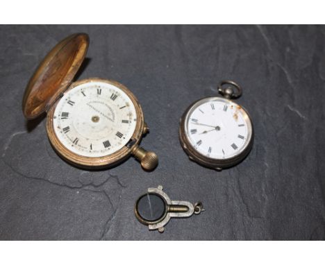 A 19th century .935 Swiss silver cased ladies pocket watch, a gilt metal metal pocket watch and a blood stone and agate swive