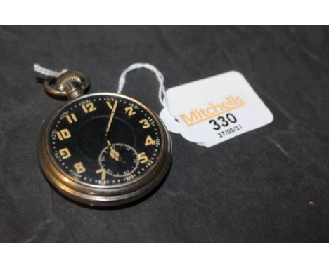 A military style white metal open faced pocket watch with blackened dial with Arabic hours, 5 cm diameter 