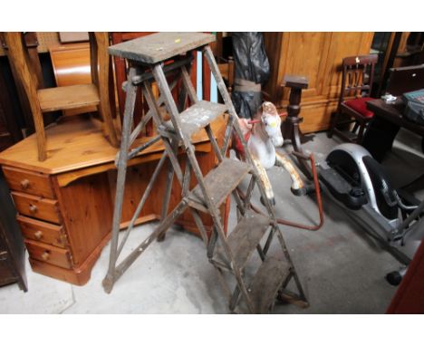 A set of vintage wooden step ladders with five rungs.  146 cm.