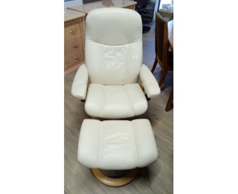 RECLINING SWIVEL SINGLE CHAIR & CREAM LEATHER POUFFE