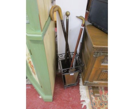 3 walking sticks & stick stand