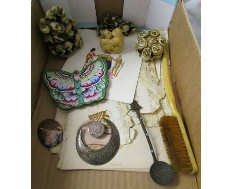 Box of interesting Oriental items to include erotic Netsuke.There is one signed, old ivory, erotic Netsuke & 3 Oriental resin