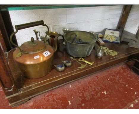 Shelf of metalware to include copper kettle