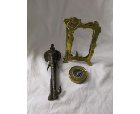 Early 20C elephant nut cracker, Art Nouveau picture frame & compass