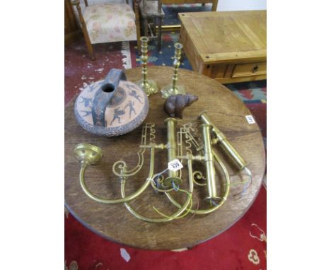 Brass light fittings, candlesticks, Grecian urn & carved wooden bear