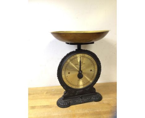 A Salter family scale, number 45, with brass dish, (28cm h excluding dish)