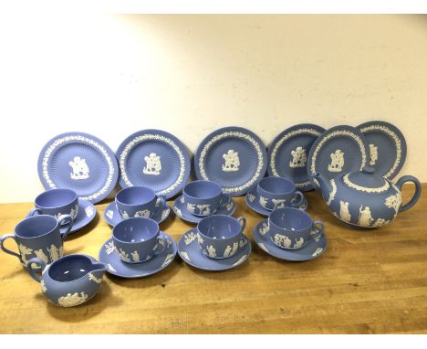 A Wedgwood Jasperware tea service including teapot (13cm h), seven teacups and saucers, six side plates, milk jug and sugar b