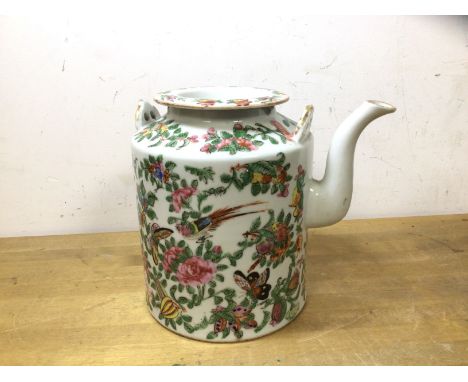 A Chinese teapot with rose, bird and butterfly decoration, a dished top, chips to rim, lacking handle (17cm h)